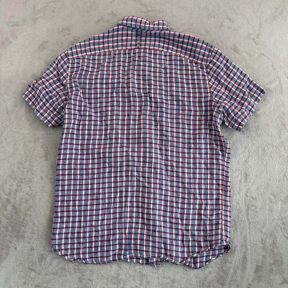 Banana Republic Camden Fit Shirt Men Large‎ Blue Red White Plaid 100% Linen NWOT